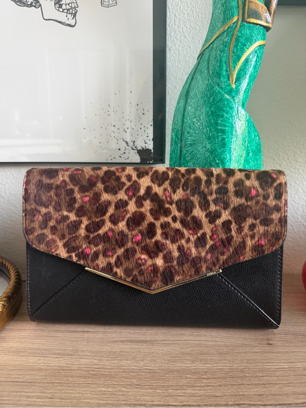 Furla Leopard Print Foldover Clutch with Black Base and Gold Hardware
